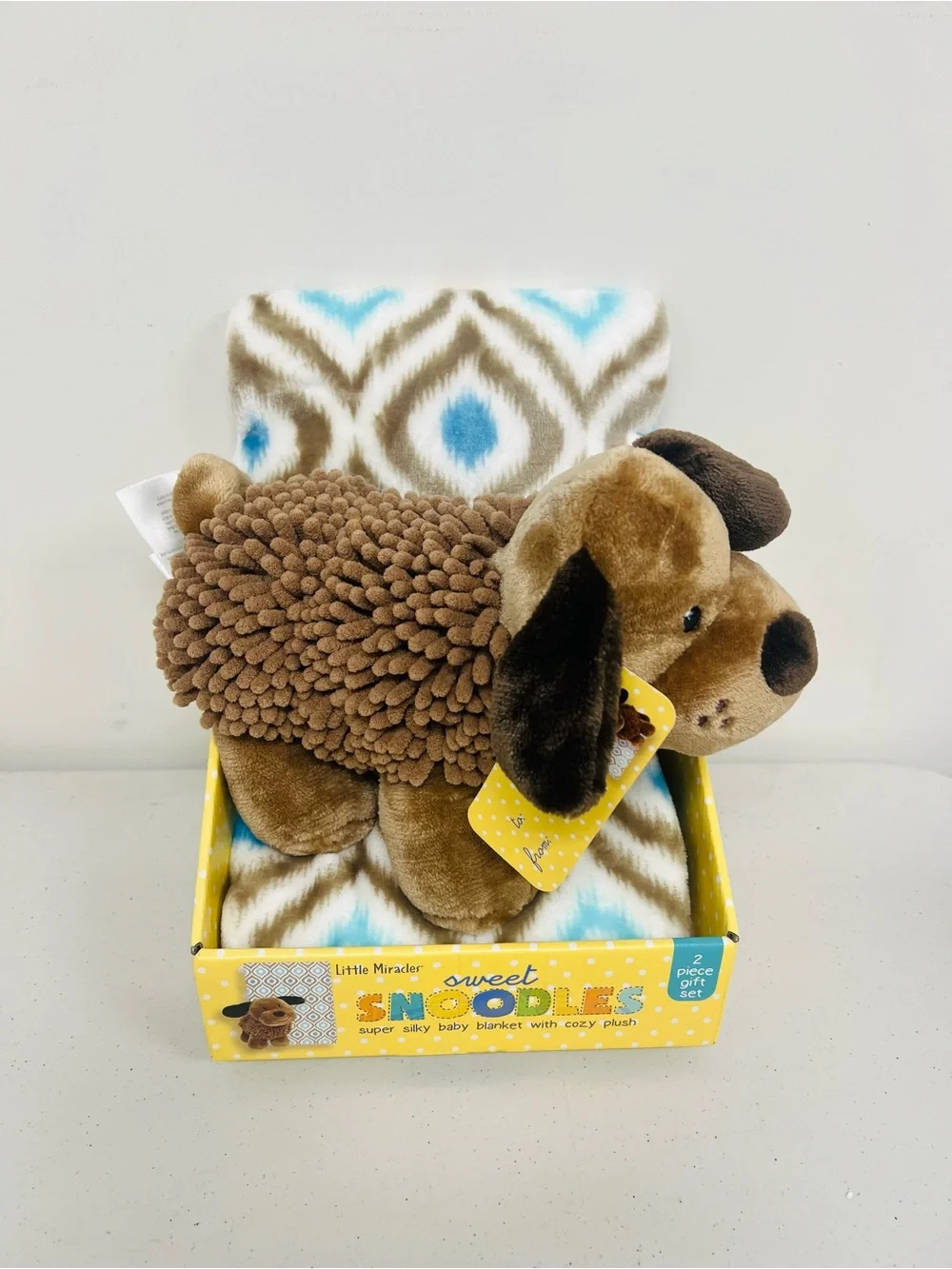 Sweet Snoodles Brown Plush Puppy with Blue & White Baby Blanket